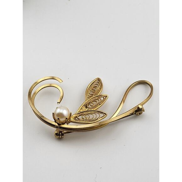 Vintage Cultured Pearl Filigree Brooch Gold Finish in Original Box 1950s - Picture 6 of 8